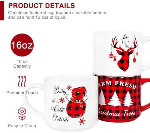 QIKSION 16oz Christmas Coffee Mugs Set of 6, Large Hot Chocolate Mugs, Holiday Cocoa Ceramic Mug Gift Set for Family, Friends and Colleagues(Red Black Plaid, White) - Image 4