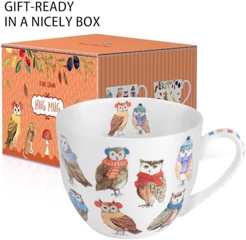 Cute Autumn Owls Coffee Mug, 20 oz Bone China Mugs with Charming Owls in Color Scarves and Hats, Perfect Brithday and Christmas Gift for Bird Enthusiasts, Designed in England by Harvest Green Studio - Image 3