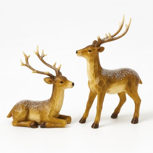 Resin Christmas Deer Figurines Set of 2 – Snow-Dusted Standing & Lying Pair Hand-Painted Gift-Ready Mantel Tabletop Holiday Reindeer Decor (Brown Reindeer) by iStatue