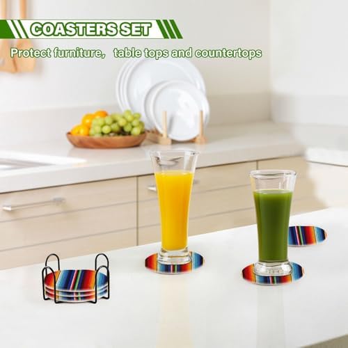YETTASBIN Mexican Blanket Stripes 6 Pcs Drink Coasters with Holder, Cotton Woven Absorbent Heat-Resistant Round Coaster Non-Slip Table Mat for Kitchen Bar Home Decor Housewarming Gift, 3.9 in - Image 7