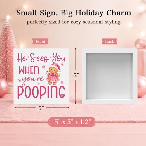 Pink Christmas Bathroom Decor, Funny Gingerbread Christmas Wooden Box Sign - Image 2