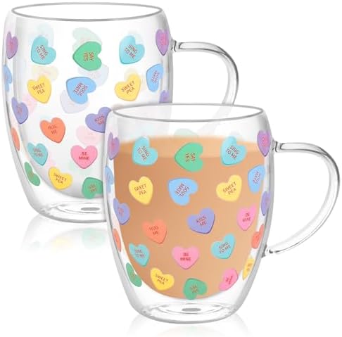 JarThenaAMCS Valentine' s Day Double Wall Glass Coffee Mugs Insulated Glasses 12Oz Candy Conversation Heart Clear Espresso Cups with Handle for Home Holiday Supplies, Set of 2 by JarThenaAMCS