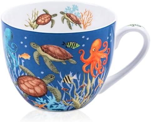 Summer Ocean Wonders Hug Mug - 20oz Deep Blue Bone China Coffee Mug with Sea Turtle, Octopus and Tropical Fish, Marine Life Themed Gift for Ocean Lovers, Designed in England by Harvest Green Studio by MFoffice