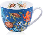 Summer Ocean Wonders Hug Mug - 20oz Deep Blue Bone China Coffee Mug with Sea Turtle, Octopus and Tropical Fish, Marine Life Themed Gift for Ocean Lovers, Designed in England by Harvest Green Studio by MFoffice