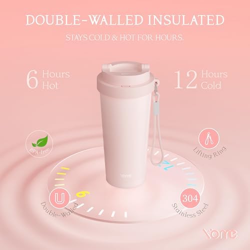 YOME 17oz Light Pink Ceramic Lined Insulated Travel Coffee Mug with Infuser for Women Gift | One-handed Pop Open Lid | Stainless Steel |Keep Drinks Cold and Hot| 100% Leak Proof - Image 6