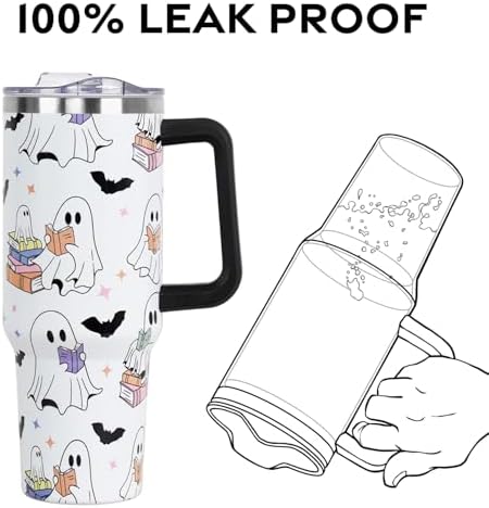 Halloween Tumbler with Lid and Straw 40oz,Cute Spooky Ghost Reading Vacuum Insulated Leak Proof Tumbler,Goth Bookish Reader Gift Women Girls,Book Lover Accessories Stainless Steel Coffee Cup - Image 5