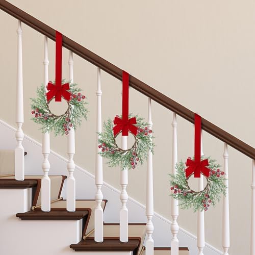 Sggvecsy 6 Pcs Christmas Mini Cabinet Wreaths Norfolk Pine Wreath with Ribbon Bows Red Berry Artificial Small Kitchen Wreath for Window Front Door Farmhouse Wall Pillars Xmas Decorations - Image 3