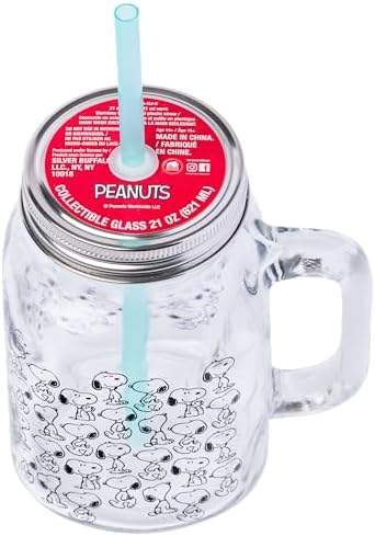 Silver Buffalo Peanuts Snoopy, Glass Mason Jar with Handle and Straw, 21oz - Image 3