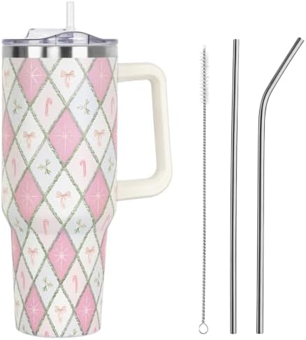 Christmas Tumbler with Handle and Straw Lid 40 oz,Cute Gifts for Women Merry Xmas Plaid Bow Candy Cane Holly Stars Winter Holiday Festival Vacuum Insulated Leak Proof Stainless Steel Coffee Cup Mug by Unknown