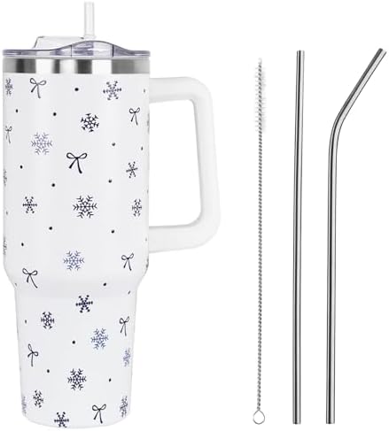 Christmas Tumbler with Handle and Straw Lid 40 oz,Cute Blue Merry Xmas Snowflake Bow Gifts for Women Vacuum Insulated Leak Proof Tumbler,Winter Holiday Accessories Stainless Steel Coffee Cup Mug by Unknown
