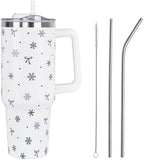 Christmas Tumbler with Handle and Straw Lid 40 oz,Cute Blue Merry Xmas Snowflake Bow Gifts for Women Vacuum Insulated Leak Proof Tumbler,Winter Holiday Accessories Stainless Steel Coffee Cup Mug by Unknown
