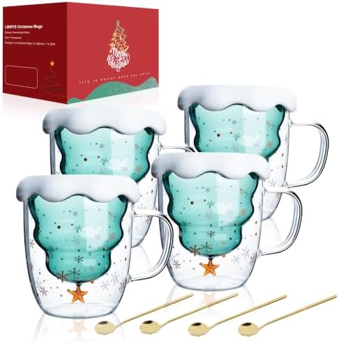LIBWYS 4 Pack Christmas Mugs, Double Walled Borosilicate Christmas mug set with Snowflake Lid, Cute Mugs for Hot Cocoa and Coffee, 300ml Christmas tree mugs Christmas Gift for Family, Friend by LIBWYS