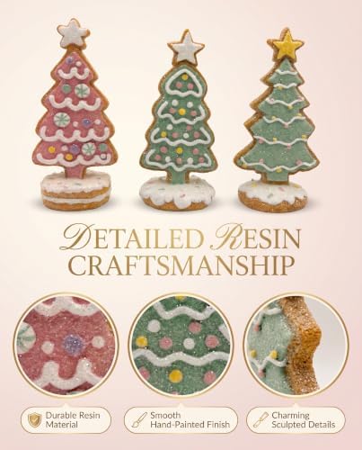 Set of 3 Faux Gingerbread Christmas Tree Trio Figurines - 5.1" Resin Sugared Fake Bake Cookie Trees - Pastel Pink & Green Candy Frosting Holiday Tabletop Decor for Tiered Trays, Kitchens & Mantels - Image 3