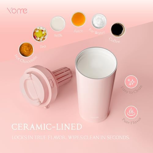 YOME 17oz Light Pink Ceramic Lined Insulated Travel Coffee Mug with Infuser for Women Gift | One-handed Pop Open Lid | Stainless Steel |Keep Drinks Cold and Hot| 100% Leak Proof - Image 3