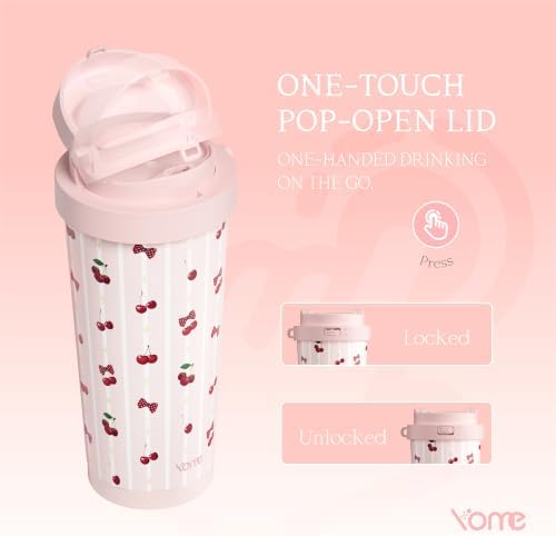 YOME 17oz Stripe Cherry Pink Ceramic Lined Insulated Coffee Mug with Infuser for Women Gift | One-handed Pop Open Lid | Stainless Steel |Keep Drinks Cold and Hot| 100% Leak Proof - Image 5