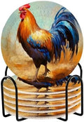 YETTASBIN Rooster 6 Pcs Drink Coasters with Holder, Cotton Woven Absorbent Heat-Resistant Round Coaster Non-Slip Table Mat for Kitchen Bar Home Decor Housewarming Gift, 3.9 in by Unknown