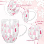 JarThenaAMCS Christmas Double Wall Glass Coffee Mugs 12oz Cute Pink Xmas Tree Insulated Glasses Clear Espresso Cups with Handle for Home Holiday Supplies, Set of 2 - Image 3