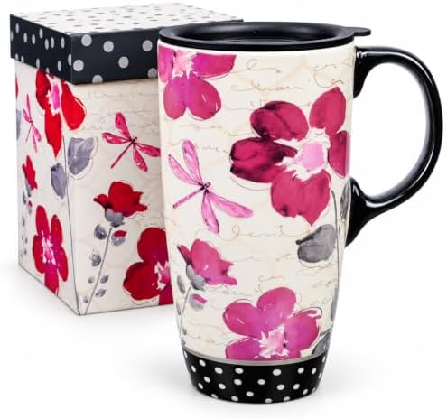 Topadorn 17oz Ceramic Travel Mug with Lid, Pink Floral Coffee Mug for Women by Topadorn