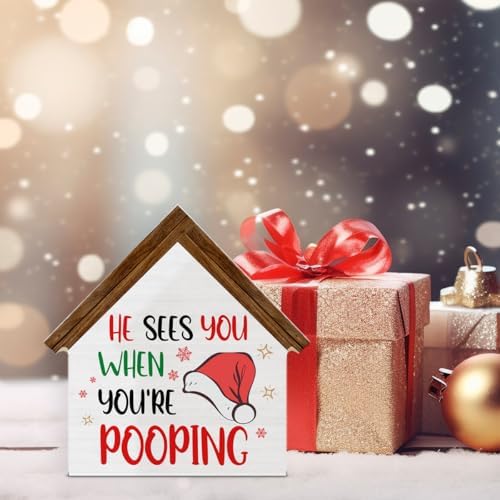 He Sees You When You're Pooping Sign, Funny Christmas Bathroom Decorations - Image 6