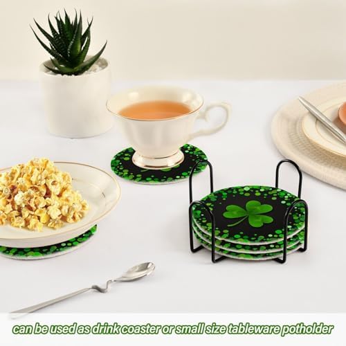 YETTASBIN St. Patrick's Day Shamrock 6 Pcs Drink Coasters with Holder, Cotton Woven Absorbent Heat-Resistant Round Coaster Non-Slip Table Mat for Kitchen Bar Home Decor Housewarming Gift, 3.9 in - Image 6