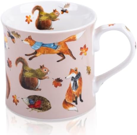 Fall Animal Coffee Mug, 12oz Ceramic Autumn Mug with Woodland Fox, Squirrel & Hedgehog in Scarves & Leaves, Cozy Fall Gift for Nature Lovers, Designed in England by Harvest Green Studio by MFoffice
