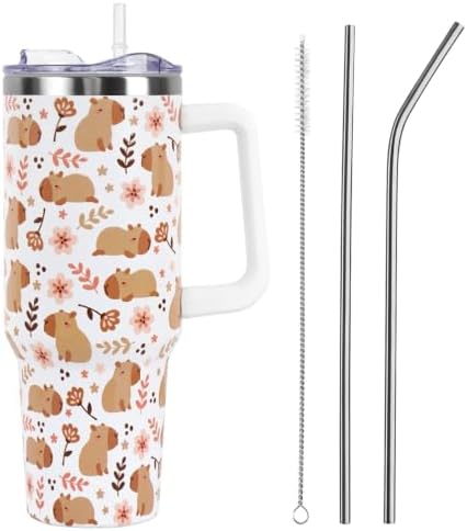 Fall Thanksgiving Tumbler with Lid and Straw 40oz,Cute Floral Capybara Vacuum Insulated Leak Proof Stainless Steel Coffee Cup, Farmhouse Accessories Gift for Women Girls by Unknown