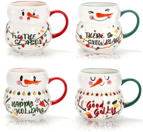 Noamus 4 Pack Christmas Mugs Set, 15oz Ceramic Snowman Coffee Cup, Stackable Holiday Xmas Tea Mug for Hot Cocoa Cold Water Milk, Housewarming Gift Home Decor, Dishwasher Microwave Safe(4 Styles) by Noamus