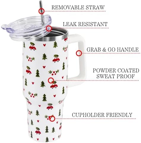 Christmas Tumbler with Handle and Straw Lid 40 oz,Cute Merry Xmas Tree Red Car Gifts for Women Vacuum Insulated Leak Proof Tumbler,Winter Holiday Accessories Stainless Steel Coffee Cup Mug - Image 3