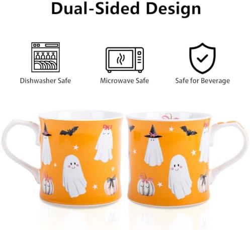 Cute Ghost Halloween Coffee Mug, 12oz Orange Ceramic Coffee Cup with Bow Pumpkins, Bats & Witch Hat Design, Spooky-Cute Holiday Gift for Halloween, Designed in England by Harvest Green Studio - Image 5