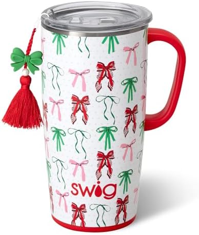 Swig Life 22oz Travel Mug, Insulated Tumbler with Handle and Lid, Cup Holder Friendly, Dishwasher Safe, Stainless Steel, Travel Coffee Cup, Insulated Mug (Ribbons and Bows) by SwigLife