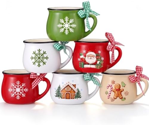 Potchen 6 Pcs 5 oz Christmas Coffee Mugs with Ribbons,Charming by Potchen