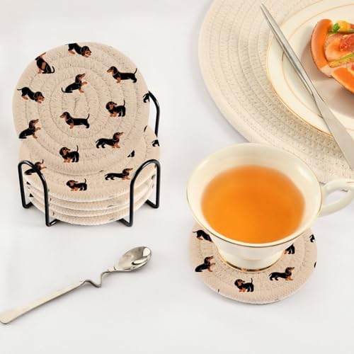 YETTASBIN Cute Dachshund Dog 6 Pcs Drink Coasters with Holder, Cotton Woven Absorbent Heat-Resistant Round Coaster Non-Slip Table Mat for Kitchen Bar Home Decor Housewarming Gift, 3.9 in - Image 5