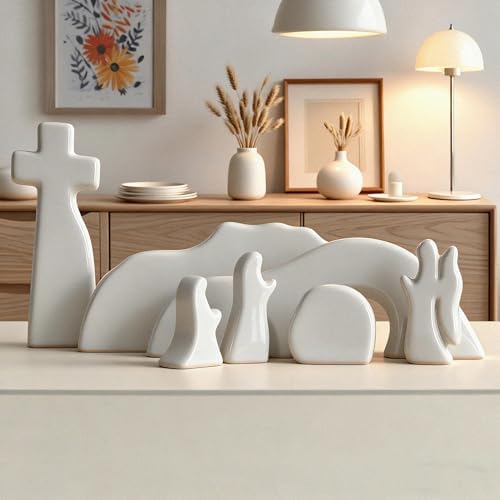 Empty Tomb Easter Scene and Cross Decoration, Ceramic Resurrection Scene Cross Jesus Tomb Decor, Christmas Decoration Jesus Nativity Scene for Religious Home Office Tabletop Christian Gifts - Image 3