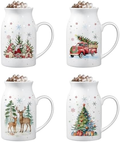 Hushee Christmas Mugs Set of 4 with Gift Box, 13.5 oz, Watercolor by Hushee