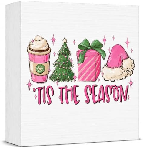 Pink Christmas Decor, Pink Christmas Bathroom Decor, Girly Decoration, Wooden Box Sign Winter Latte Santa Presents Tree Coffee Home Bedroom Desk Decoration by Unknown