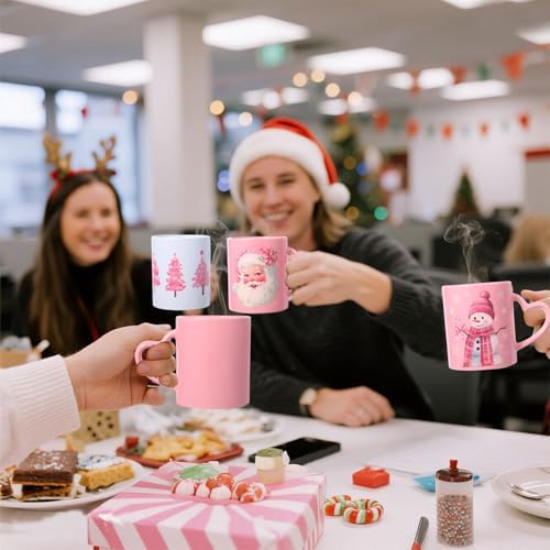 Set of 6 Pink Christmas Mugs, 10 oz Ceramic Coffee Cups - Image 5