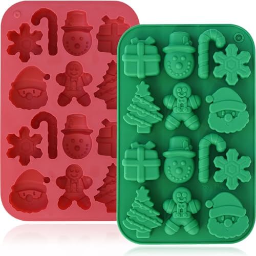 HKNMTT Christmas Silicone Chocolate Molds, 2 PCS Candy Baking Moulds, 3D Snowflake Cane Snowman Xmas Tree Gingerbread Man Santa Claus Gift Box Shape Mold for DIY Handmade Soap Candles Jello by HKNMTT
