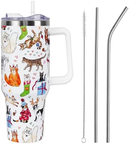 Christmas Tumbler with Handle and Straw Lid 40 oz,Cute Merry Xmas Cat Lovers Gifts for Women Vacuum Insulated Leak Proof Tumbler,Winter Holiday Accessories Stainless Steel Coffee Cup Mug by Unknown