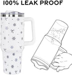 Christmas Tumbler with Handle and Straw Lid 40 oz,Cute Blue Merry Xmas Snowflake Bow Gifts for Women Vacuum Insulated Leak Proof Tumbler,Winter Holiday Accessories Stainless Steel Coffee Cup Mug - Image 4