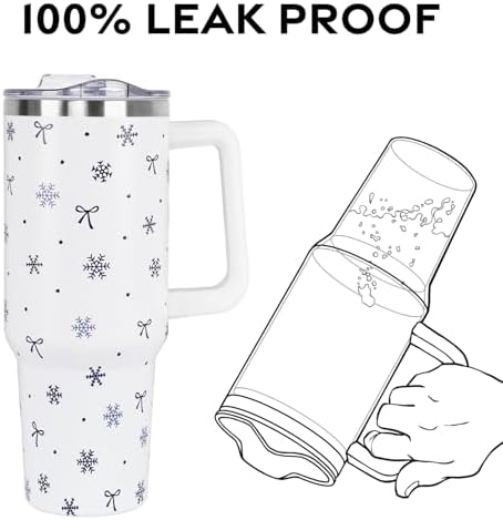 Christmas Tumbler with Handle and Straw Lid 40 oz,Cute Blue Merry Xmas Snowflake Bow Gifts for Women Vacuum Insulated Leak Proof Tumbler,Winter Holiday Accessories Stainless Steel Coffee Cup Mug - Image 4