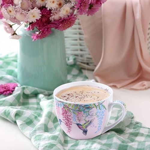 Spring Hummingbird Hug Mug - 20oz Pink Bone China Coffee Tea Mug with Floral Vine & Fluttering Hummingbirds, Thoughtful Gifts for Mom Women Mothers Day, Designed in England by Harvest Green Studio - Image 6