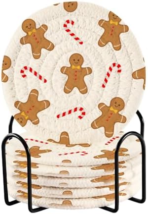 YETTASBIN Christmas Gingerbread Man 6 Pcs Drink Coasters with Holder, Cotton Woven Absorbent Heat-Resistant Round Coaster Set Tabletop Protector for Kitchen Bar Home Decor Housewarming Gift, 3.9 in by Unknown