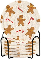 YETTASBIN Christmas Gingerbread Man 6 Pcs Drink Coasters with Holder, Cotton Woven Absorbent Heat-Resistant Round Coaster Set Tabletop Protector for Kitchen Bar Home Decor Housewarming Gift, 3.9 in by Unknown