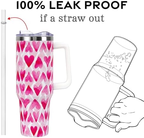 Valentines Gifts 40 oz Tumbler with Handle and Straw Lid,Cute Valentine's Gift for Her Women Girlfriend Wife Pink Love Hearts Vacuum Insulated Leak Proof Stainless Steel Coffee Cup Mug - Image 4