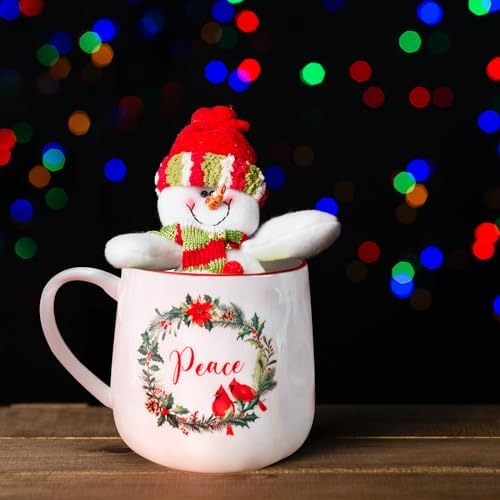Christmas Ceramic Coffee Mug Set of 6, 16 OZ Holiday Porcelain Mugs, Wreath with Red Cardinal design With words Hope,Peace, Cheer, Joy, Love, Believe Cups for Xmas Gift Party Supplies - Image 2