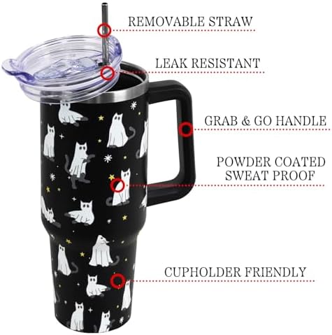 Halloween Tumbler with Lid and Straw 40oz,Black Cute Ghost Cat Vacuum Insulated Leak Proof Tumbler,Goth Cute Spooky Gift Women Girls,Halloween Accessories Stainless Steel Coffee Cup - Image 4