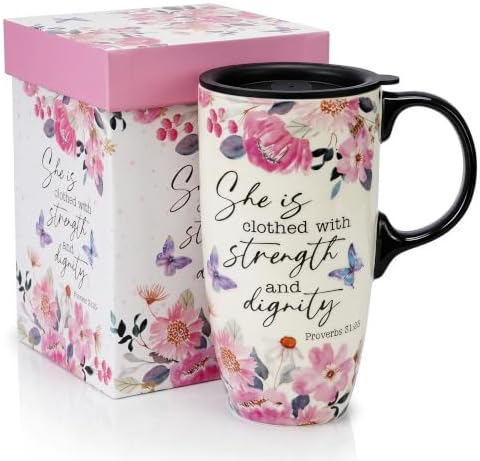 Topadorn 17oz Ceramic Travel Mug with Lid, Inspirational Floral Coffee Mug by Topadorn