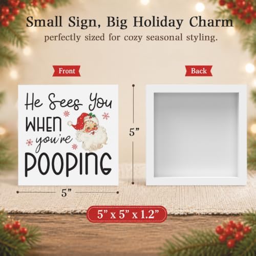 Christmas Bathroom Decor, Funny Vintage Christmas Decorations, Santa Claus Bathroom Table Decoration He Sees You When You're Pooping Wooden Box Sign, Home Shelf Desk Decor for Toilet 5x5 Inches - Image 2