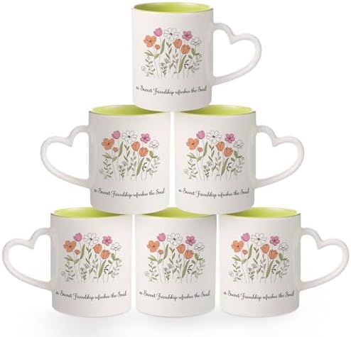 Floral Coffee Mug Set of 6, Ceramic Cups with Heart Handle by Pickmesh