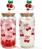 Cherries Bows Glass Cups, 2Pcs 18OZ Cherry Decor Iced Coffee Cups by MasonLife